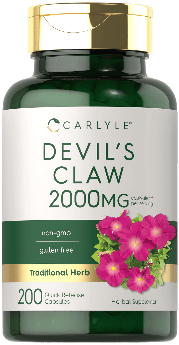 Devil's Claw 2000 MG capsules, 200 count, displayed in a hand for quick release.
