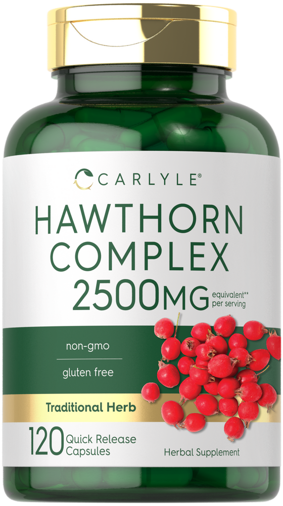 Carlyle Hawthorn Complex 2500MG 120 Quick Release Capsules shown with a pile of red hawthorn berries.
