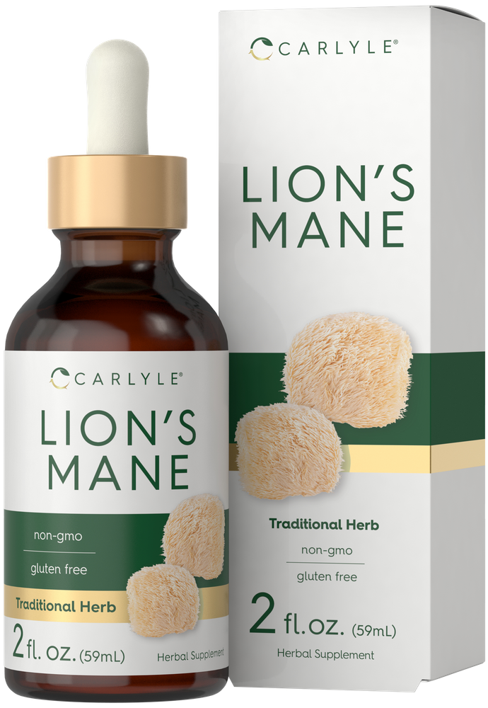 Bottle of Carlyle Lion's Mane Mushroom liquid with retail box, 2 fl. oz. (59mL), shown for scale.