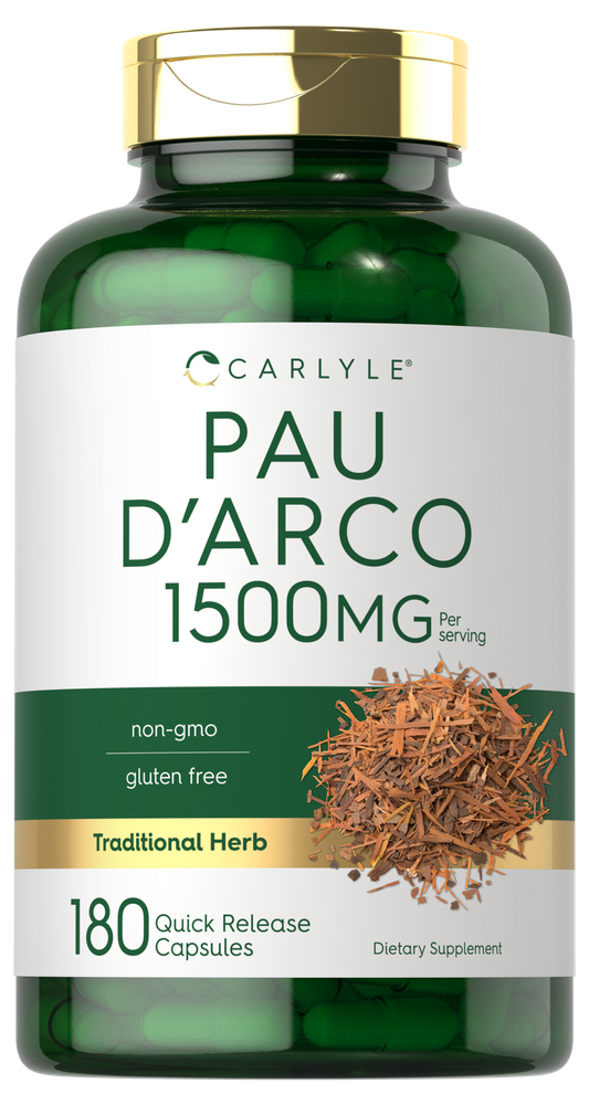 180 green capsules of 1500mg Quick Release Pau D'Arco on hand scale.