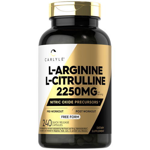View 1 L-Arginine L-Citrulline supplements with 2250mg per serving in a bottle of 240 quick release capsules.