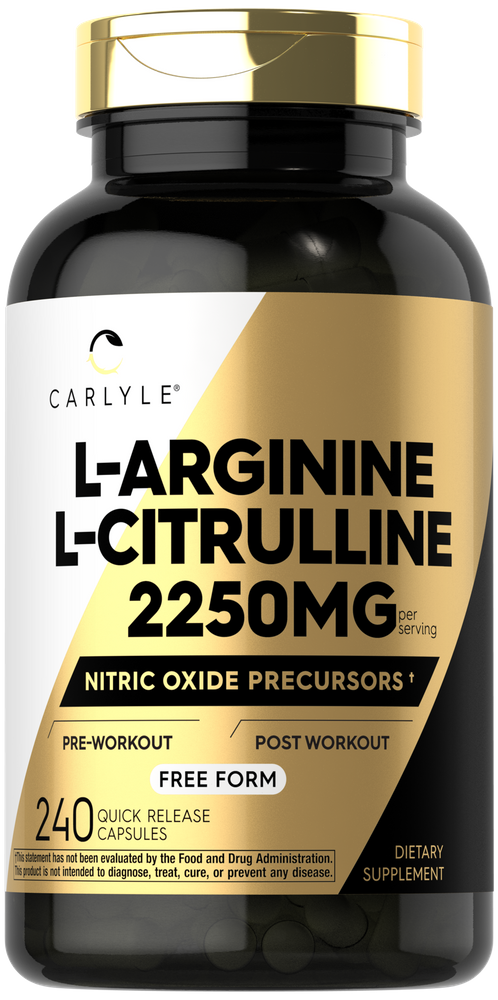 L-Arginine L-Citrulline supplements with 2250mg per serving in a bottle of 240 quick release capsules.
