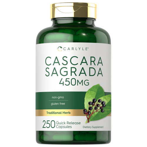 View 1 Carlyle Cascara Sagrada 450 mg capsules in a 250-count bottle, quick release formula for digestive support.