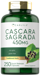 Carlyle Cascara Sagrada 450 mg capsules in a 250-count bottle, quick release formula for digestive support.