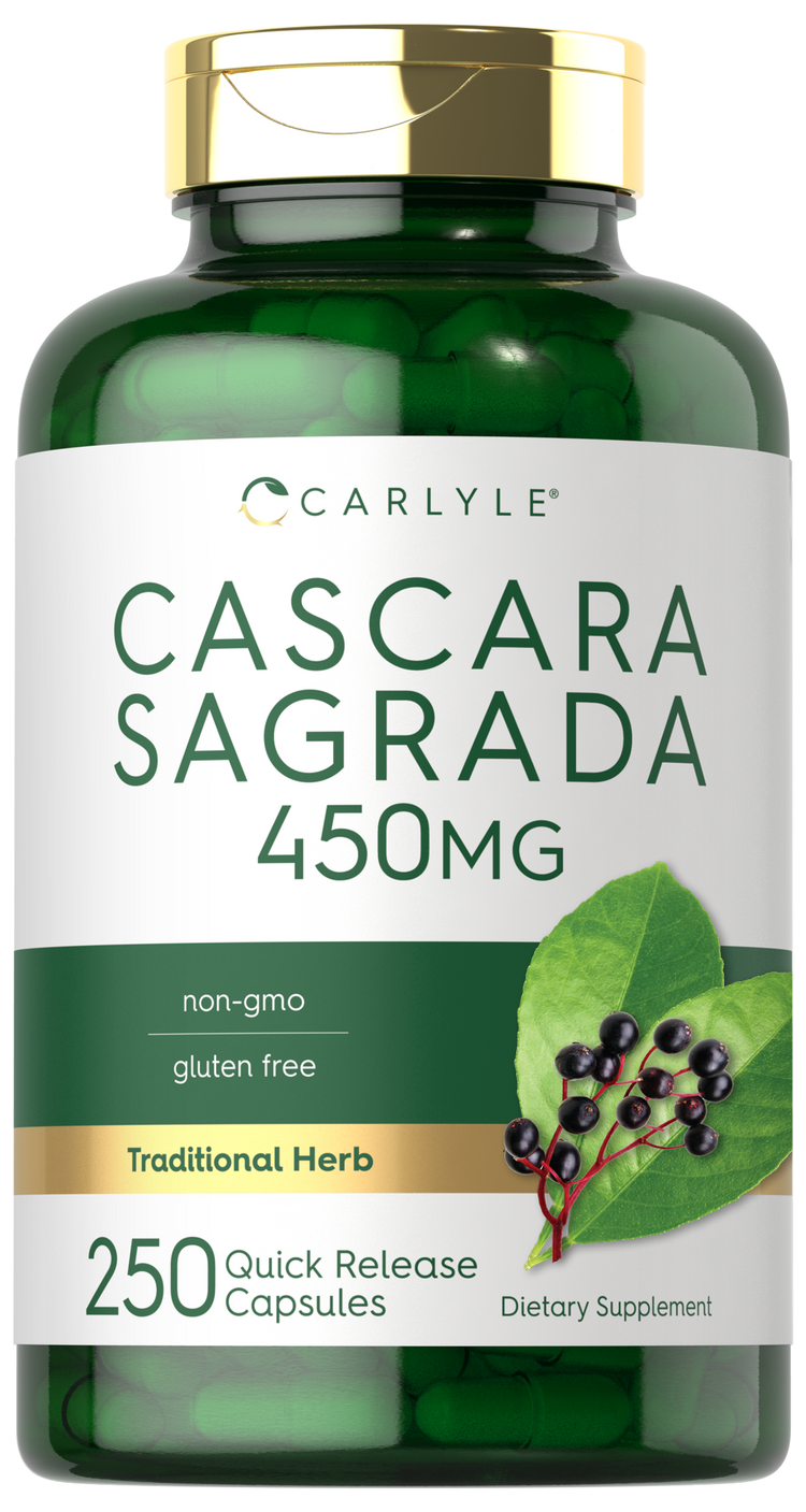 Carlyle Cascara Sagrada 450 mg capsules in a 250-count bottle, quick release formula for digestive support.