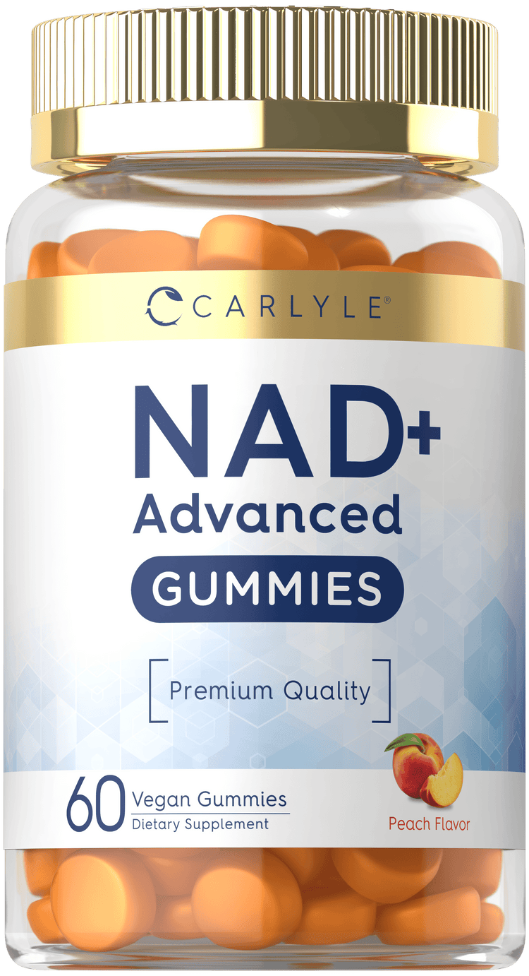 NAD+ Advanced Gummies in peach flavor, 60 vegan gummies per bottle.