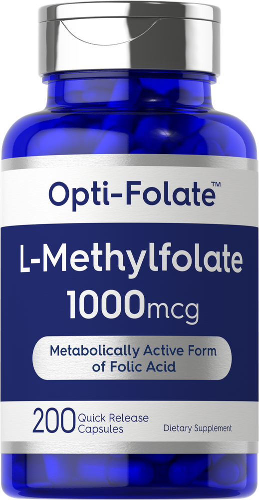 Bottle of L-Methylfolate 1000mcg Quick Release Capsules, 200 count, Opti-Folate dietary supplement.