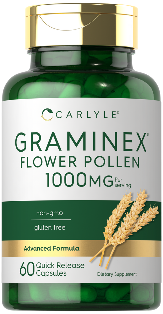 Sixty green Quick Release Capsules of Carlyle Graminex Flower Pollen, 1000 mg, displayed on a hand scale.