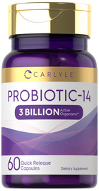 Hand holding a scale with 60 purple Quick Release Capsules for Probiotic-14, 3 Billion Active Organisms.