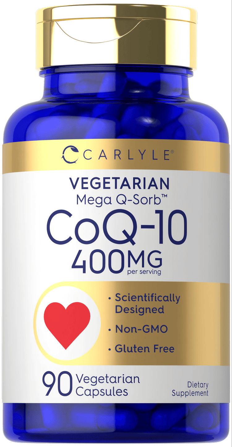 A hand holding a bottle of CoQ-10 Vegetarian Capsules, 400 MG strength, on a scale to display the product's bulk size.