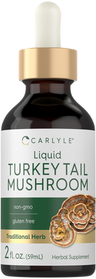 A 2 fl. oz. (59mL) dropper bottle of Carlyle Turkey Tail Mushroom Liquid Extract held in hand.