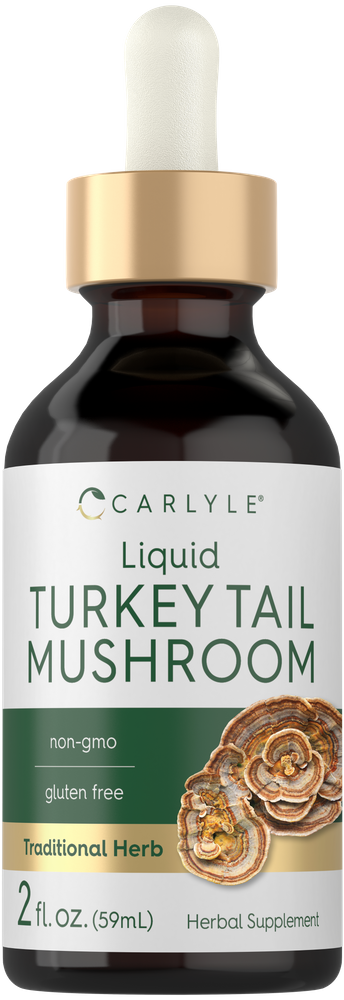A 2 fl. oz. (59mL) dropper bottle of Carlyle Turkey Tail Mushroom Liquid Extract held in hand.