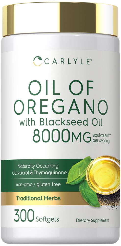 Oil of Oregano with Blackseed Oil, 8000 MG equivalent per serving, available in 300 softgels.