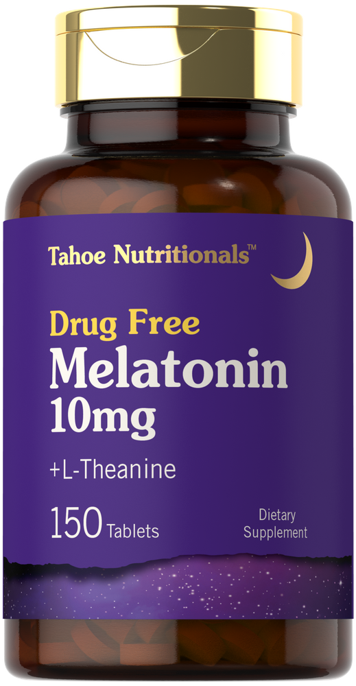 Hand holding Melatonin 10mg with L-Theanine, 150 tablets bottle, showcasing product size and quantity.