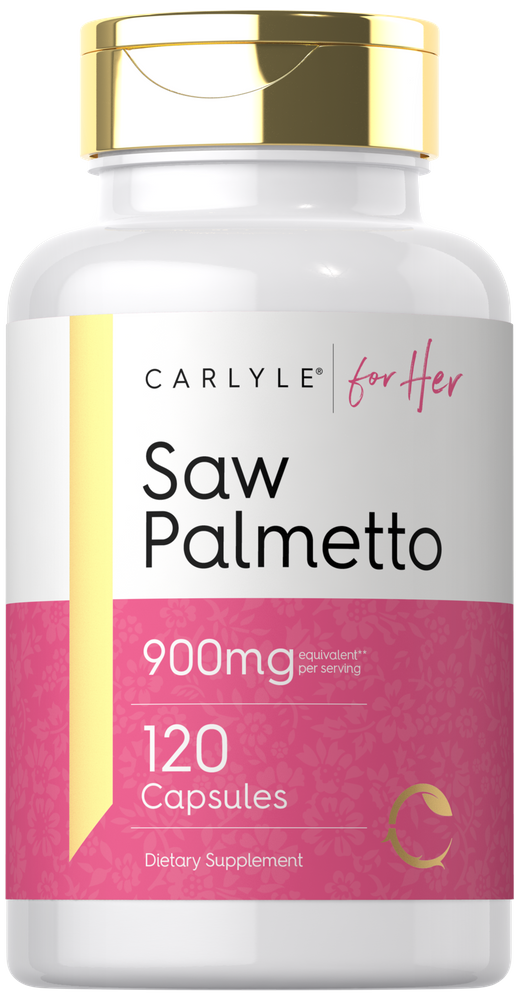 Carlyle Saw Palmetto capsules, 900mg equivalent, 120-count bottle on scale in hand.