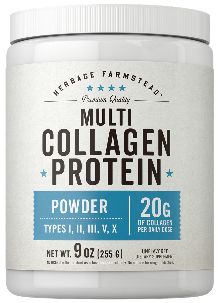 A hand holds Herbage Farmstead Multi Collagen Protein Powder, 9 OZ (255 G).