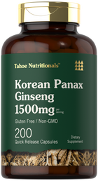 A hand holding a bottle of Korean Panax Ginseng, 1500mg, 200 quick-release capsules, displaying product scale and size.