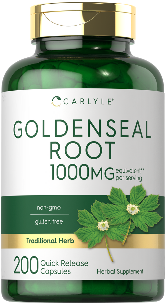 Goldenseal Root 1000 mg equivalent quick release capsules in a 200-count bottle, displayed on a hand scale.