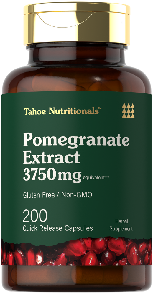 A bottle of 200 quick release capsules containing pomegranate extract with an equivalent strength of 3750mg.
