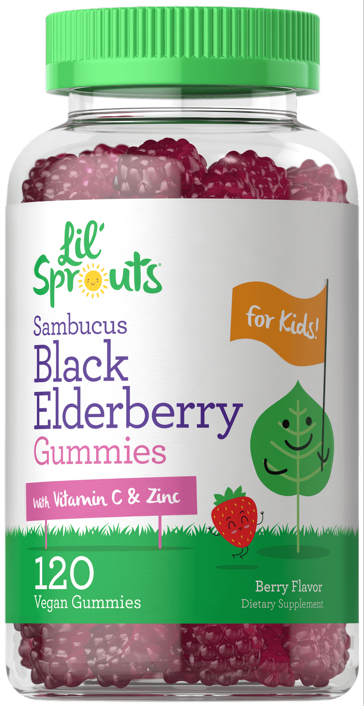 A hand holding CL Kids Elderberry 120 Vegan Gummies, raspberry-shaped, with a berry flavor.