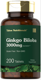 Hand holding a bottle of Tahoe Nutritionals Ginkgo Biloba 3000mg equivalent, containing 200 tablets.