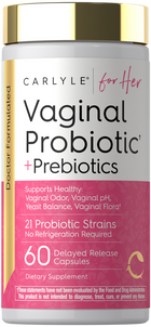 Carlyle for Her Vaginal Probiotic + Prebiotics, 60 delayed release capsules shown on bulk scale.