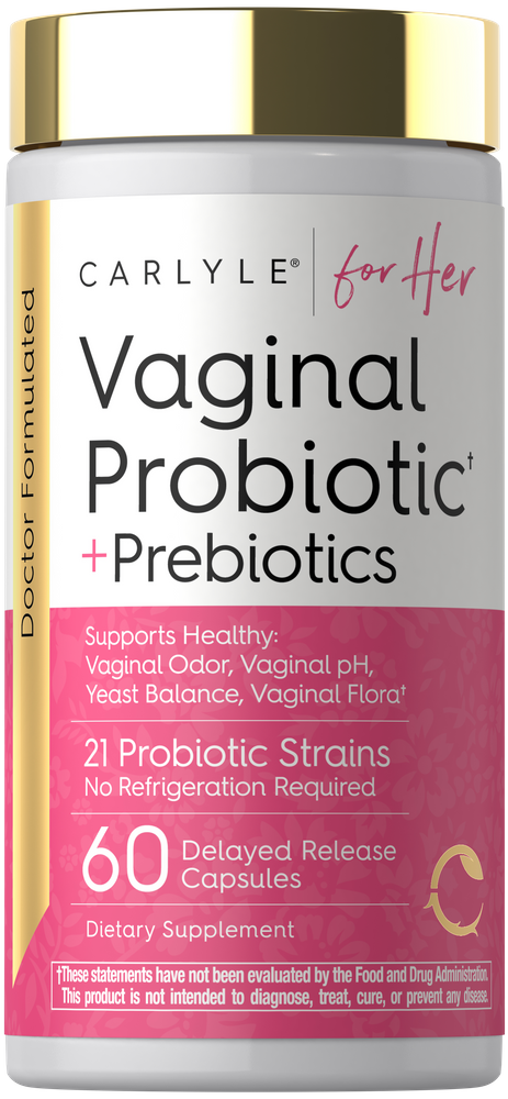 Carlyle for Her Vaginal Probiotic + Prebiotics, 60 delayed release capsules shown on bulk scale.