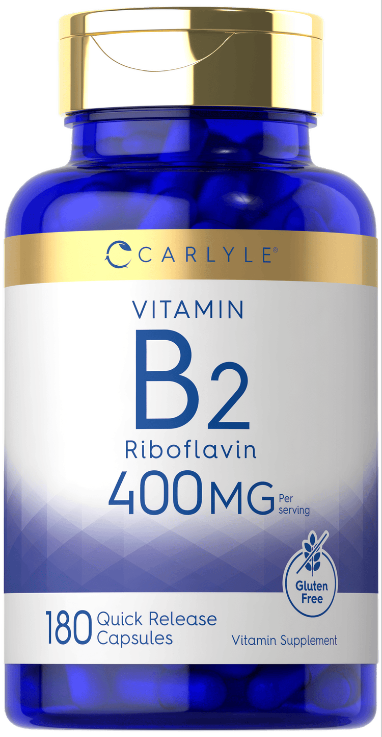 Carlyle Vitamin B-2 (Riboflavin) 400 mg features 180 quick release capsules, shown on a hand scale.