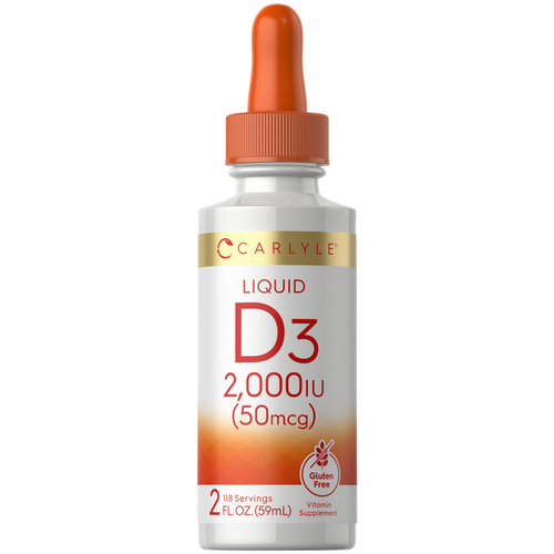 View 1 Carlyle Liquid D3 2,000IU (50mcg) in a 2 FL. OZ. (59mL) bottle with 118 servings. Gluten-free vitamin supplement.