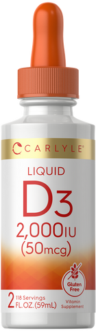 Carlyle Liquid D3 2,000IU (50mcg) in a 2 FL. OZ. (59mL) bottle with 118 servings. Gluten-free vitamin supplement.
