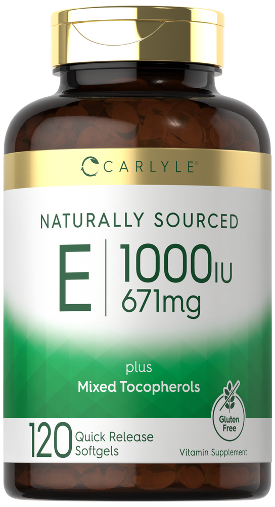 Carlyle Natural Vitamin E plus Mixed Tocopherols in a 120 quick release softgels bottle.