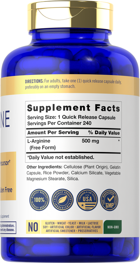 L-Arginine 500 mg capsules in a hand on a scale, emphasizing precise measurement for supplements.
