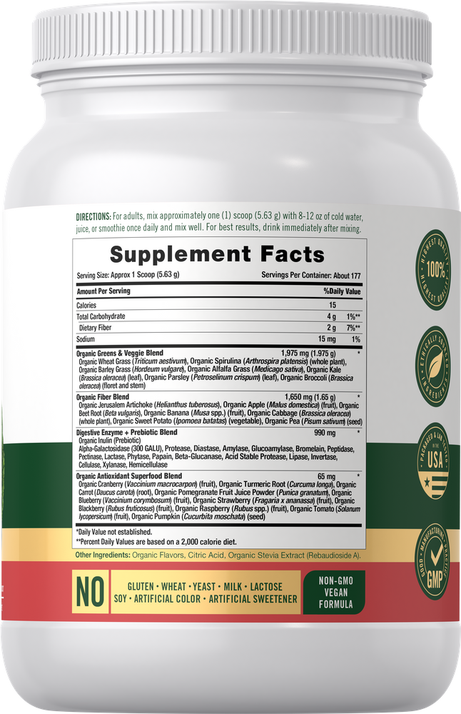The Supplement Facts panel displays information for Organic Greens Kiwi Powder.