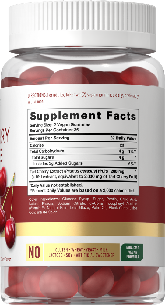 Clear bottle of Tart Cherry vegan gummies containing 70 pieces, with a serving size recommendation of two gummies.