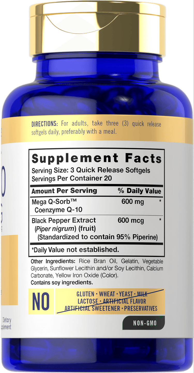 Hand holding Carlyle COQ-10 bottle containing 60 quick release softgels, each with 200 mg.