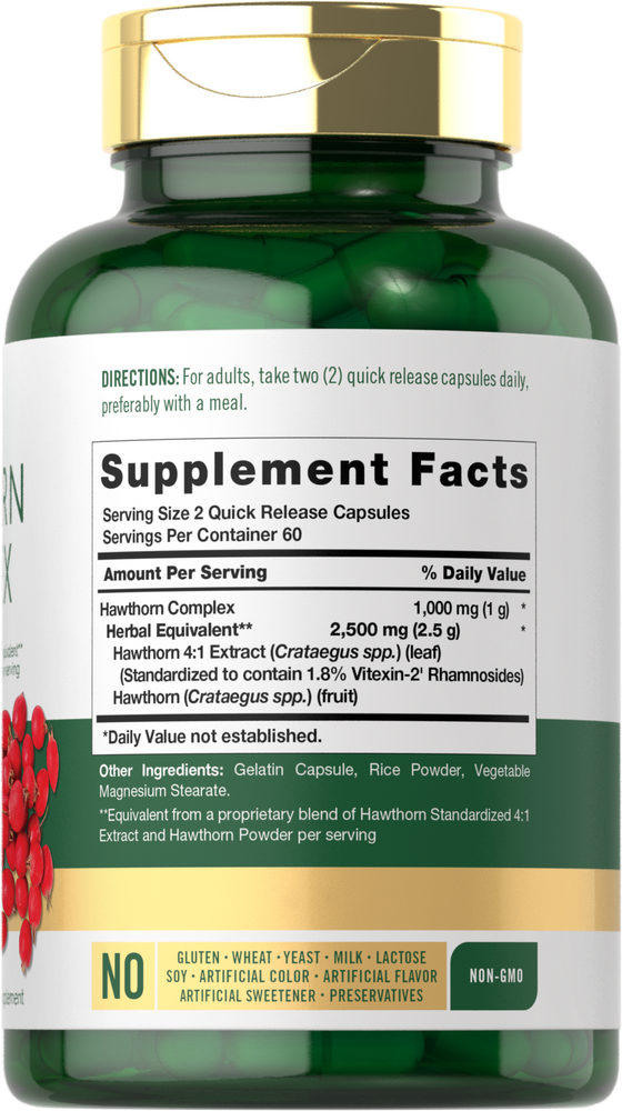 Bottle of Hawthorn Complex 1,000 mg Quick Release Capsules, 120 count.