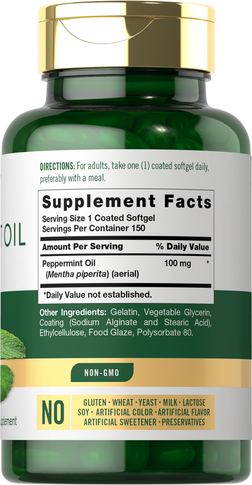 Hand holding a bottle of peppermint oil 100 mg coated softgels, with the label visible and clear against a plain background.