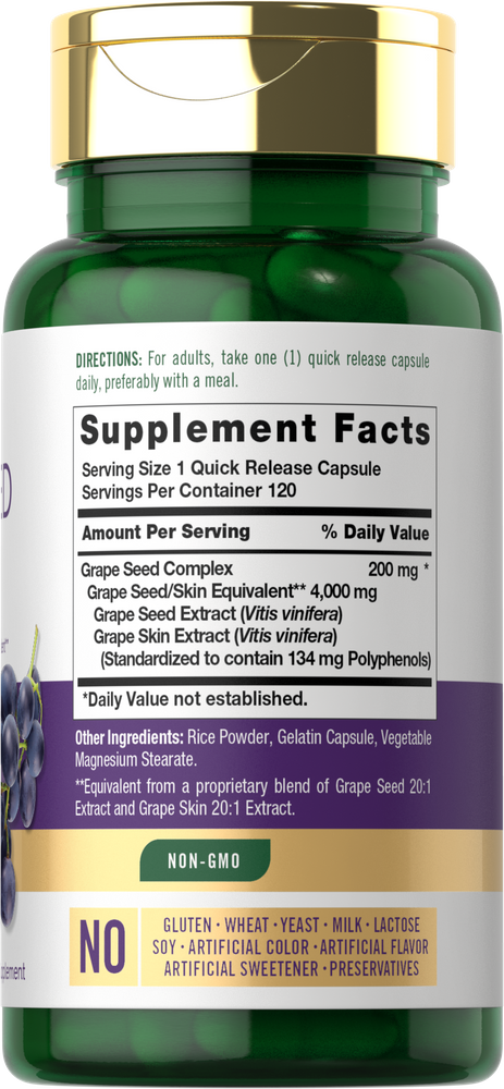 A bottle with 120 green quick release capsules of Grapeseed 4000 Complex.