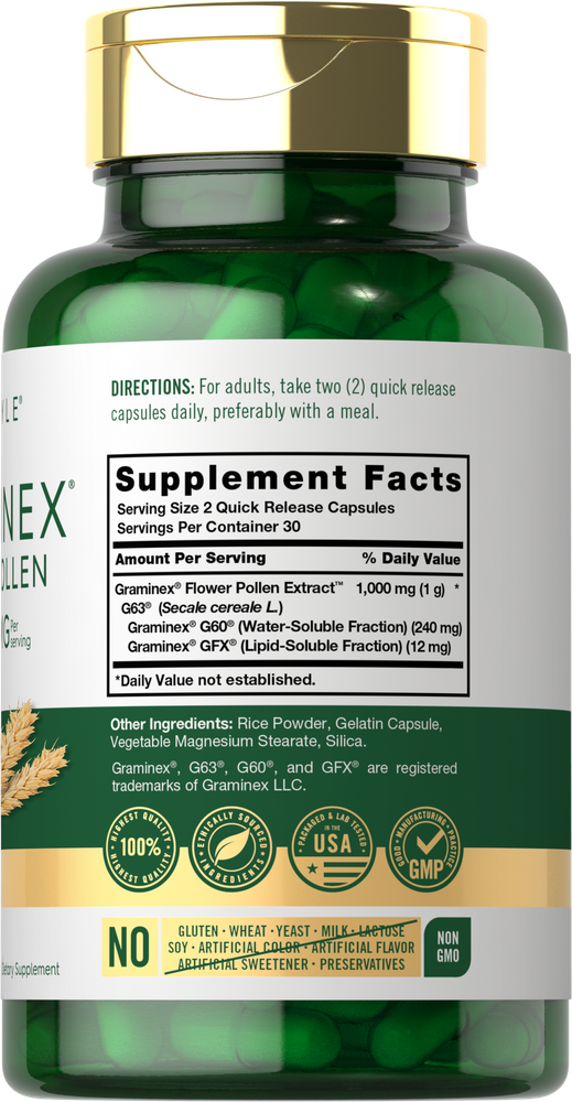 Green quick release capsules, each containing 1,000 mg (1 g) of Graminex Flower Pollen Extract, displayed on a bulk scale.
