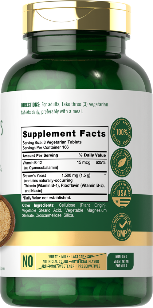 500 green vegetarian tablets of Carlyle Natural Brewers Yeast, each serving contains 1500 mg.