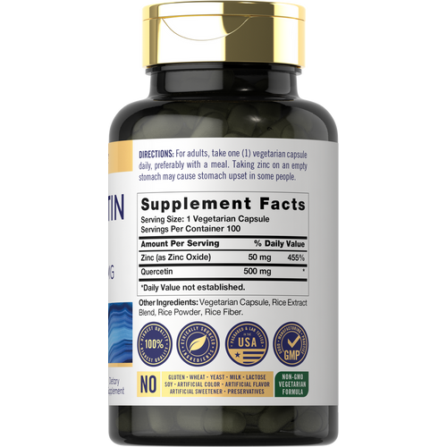 View 2 A bottle containing 100 vegetarian capsules of Quercetin, each capsule providing 500mg of the supplement.