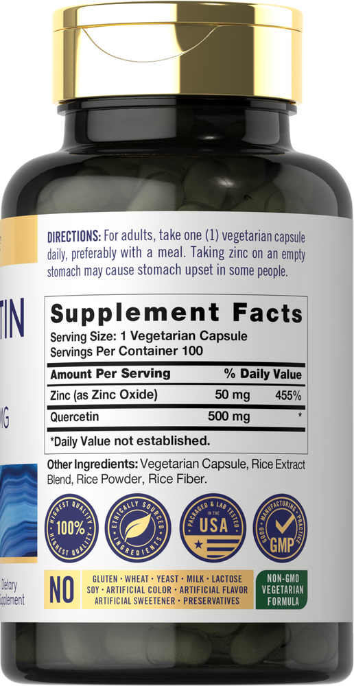 A bottle containing 100 vegetarian capsules of Quercetin, each capsule providing 500mg of the supplement.