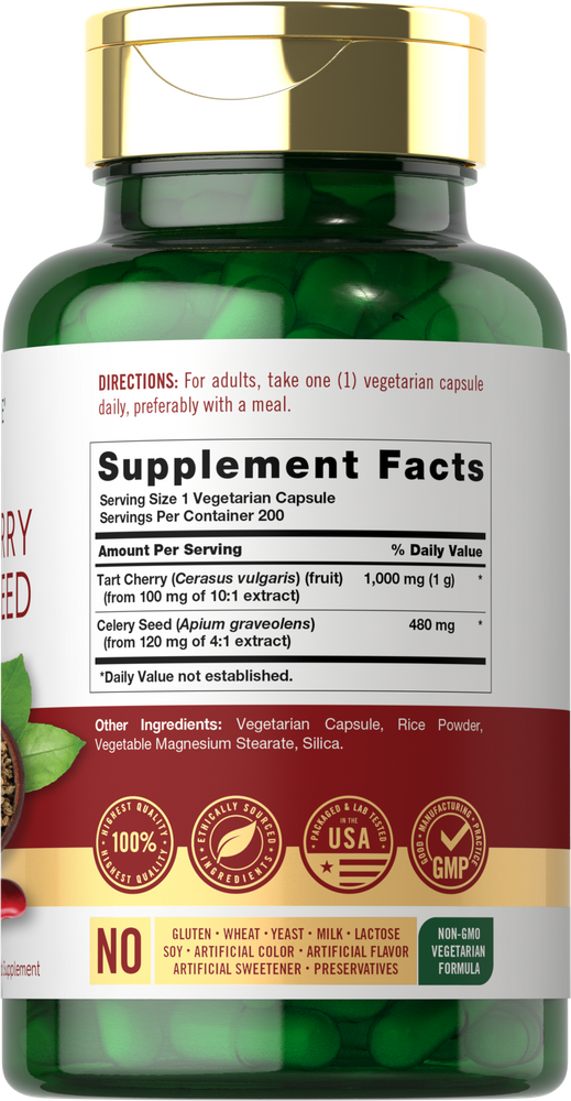 Hand holding Tart Cherry Plus Celery Seed bottle with 200 vegetarian capsules.
