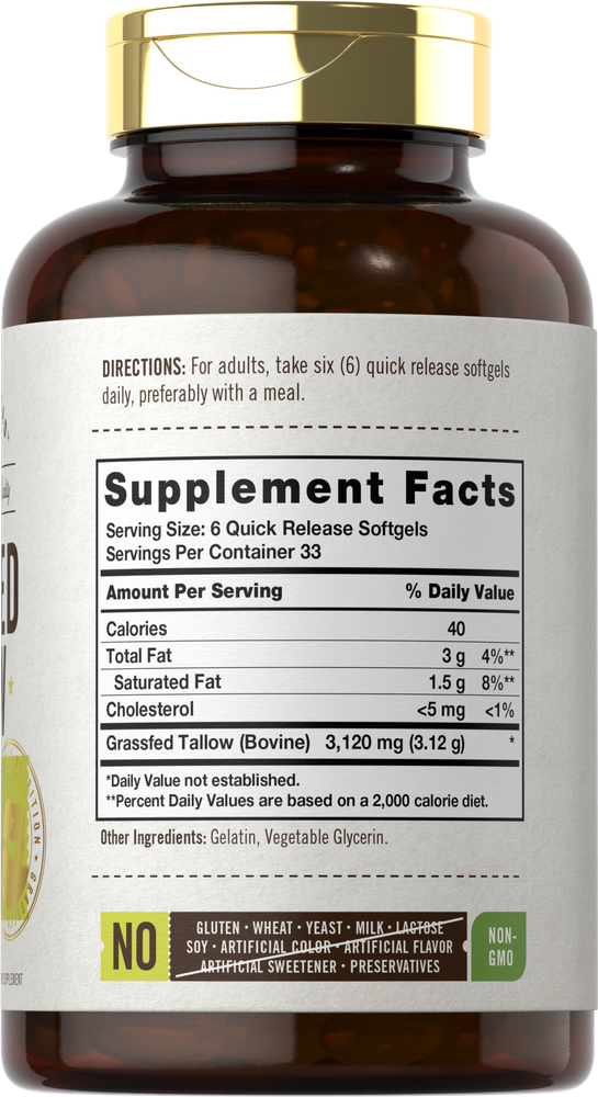 Label shows serving size of 6 Quick Release Softgels, providing 3,120 mg of Grassfed Tallow from Bovine.