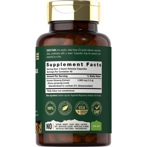 View 2 Hand holding Korean Panax Ginseng Quick Release Capsules, 1,500 mg per 3-capsule serving.