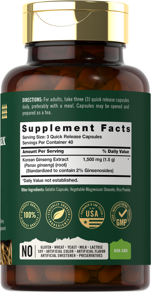 Hand holding Korean Panax Ginseng Quick Release Capsules, 1,500 mg per 3-capsule serving.