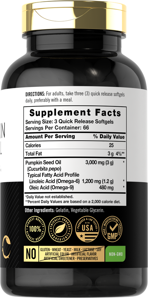 Supplement Facts panel for Pumpkin Seed Oil 3000 mg Softgels with 200 count.