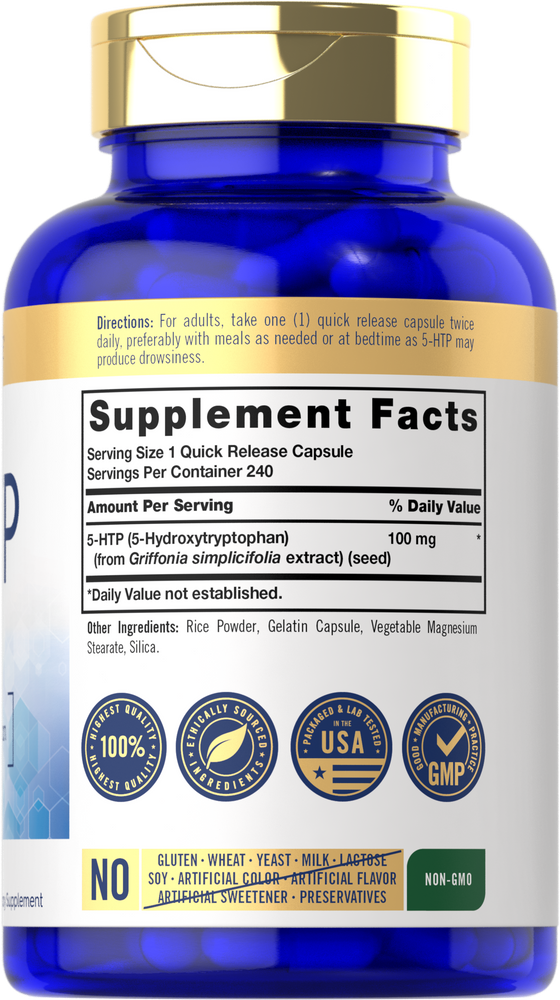 5-HTP bottle: Gluten & Wheat Free, Yeast Free, Milk & Lactose Free, Soy Free, No Artificial Color/Flavor/Sweetener/Preservatives, Non-GMO