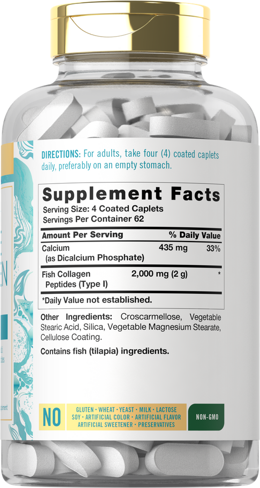 CL Carlyle Marine Collagen bottle containing 250 coated caplets, shown in a clear container to illustrate size.