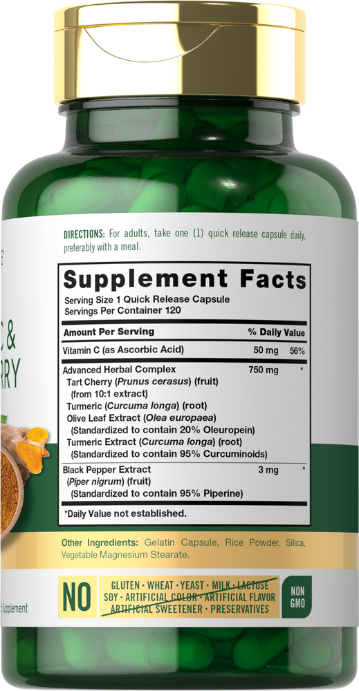 Carlyle Tart Cherry capsules with Turmeric and Black Pepper on a green scale, showcasing supplement size.
